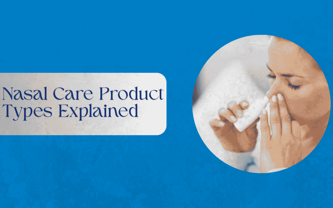 "Illustration of nasal care products including sprays, gels, nasal strips, and moisturisers for everyday use."