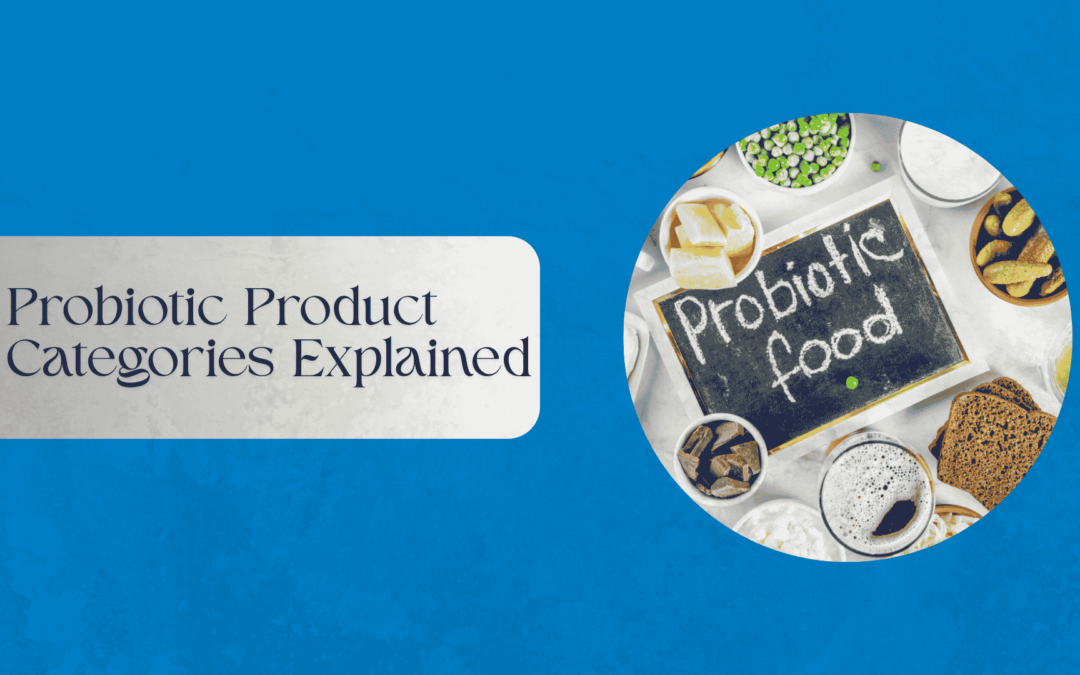 Various probiotic products including capsules, powders, and liquids
